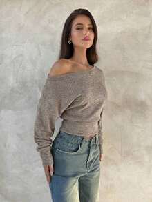 Top de manga larga asimétrico de hombro de punto de color albaricoque para mujer, otoño/invierno - Marrón - Ver 4