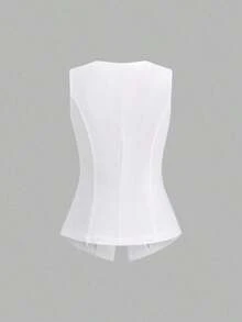 delgado sin mangas para mujer con botones metálicos grandes de estilo minimalista francés - Blanco - Ver 2