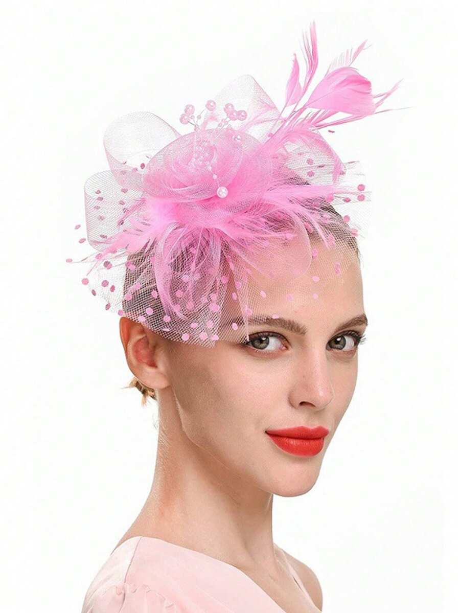 1pc Women's Tea Party Racing Hat, Kentucky Derby Hat, Floral Mesh Hair Accessory, Wedding Headpiece - Pink - View 1