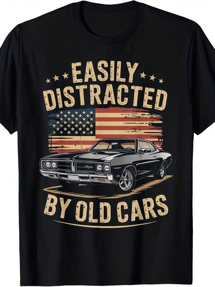 Camiseta unisex de manga corta, "Fácilmente Distraído Por Coches Antiguos", Divertida, Vintage, Para Amantes De Coches Clásicos |   Camiseta unisex, cuello redondo, para todas las estaciones, verano 2026, manga corta, estampada, 220G, ligeramente elástica, corte regular. playeras hombre, spiderman, ,  mujer, romwe men, boho chic, maestras regalos, camiseta para mujer, conjuntos curvy para mu, y2k. - Negro - Ver 1