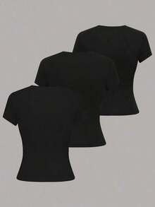 Camiseta de manga corta de unicolor casual para mujer, versátil para el verano, conjuntos de camisetas para mujer, tops básicos para mujer, paquete múltiple de tops para mujer, camisetas de mujer, tops de manga corta para mujer - Negro - Ver 2