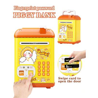 1 Box ATM Coin Bank, 1 Universal Sealed Coin Storage Box, Cartoon Design Decor, Coin Bank With Password And Fingerprint Unlock Function, Toy Coin Storage, With Music/Sound Effects/Voice Prompt, Suitable For Children 3+ Years Old, Interactive With Parents, Random Accessories (Batteries Not Included)