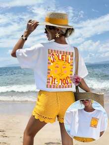 Camiseta de manga corta con cuello redondo y estampado sencillo en talla grande,Playeras de Mujer Verano Estampado Gráfico  2026 - Blanco - Ver 3