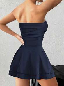 Vestido corto sexy tipo bandeau con estampado de leopardo y falda con volantes en capas - Azul marino - Ver 2