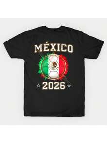 Camiseta de manga corta con cuello redondo, 1 pieza, para hombre, color sólido, con letras en inglés, bandera de fútbol de México 2026, de secado rápido, que absorbe la humedad y tiene malla transpirable. Adecuada para uso diario, salidas, ocio, deportes, viajes escolares, reuniones familiares y otras ocasiones. Camiseta de manga corta, camiseta de verano, múltiples camisetas se pueden regalar como obsequios a familiares. Estilo Y2k de los 2000. - Negro - Ver 6