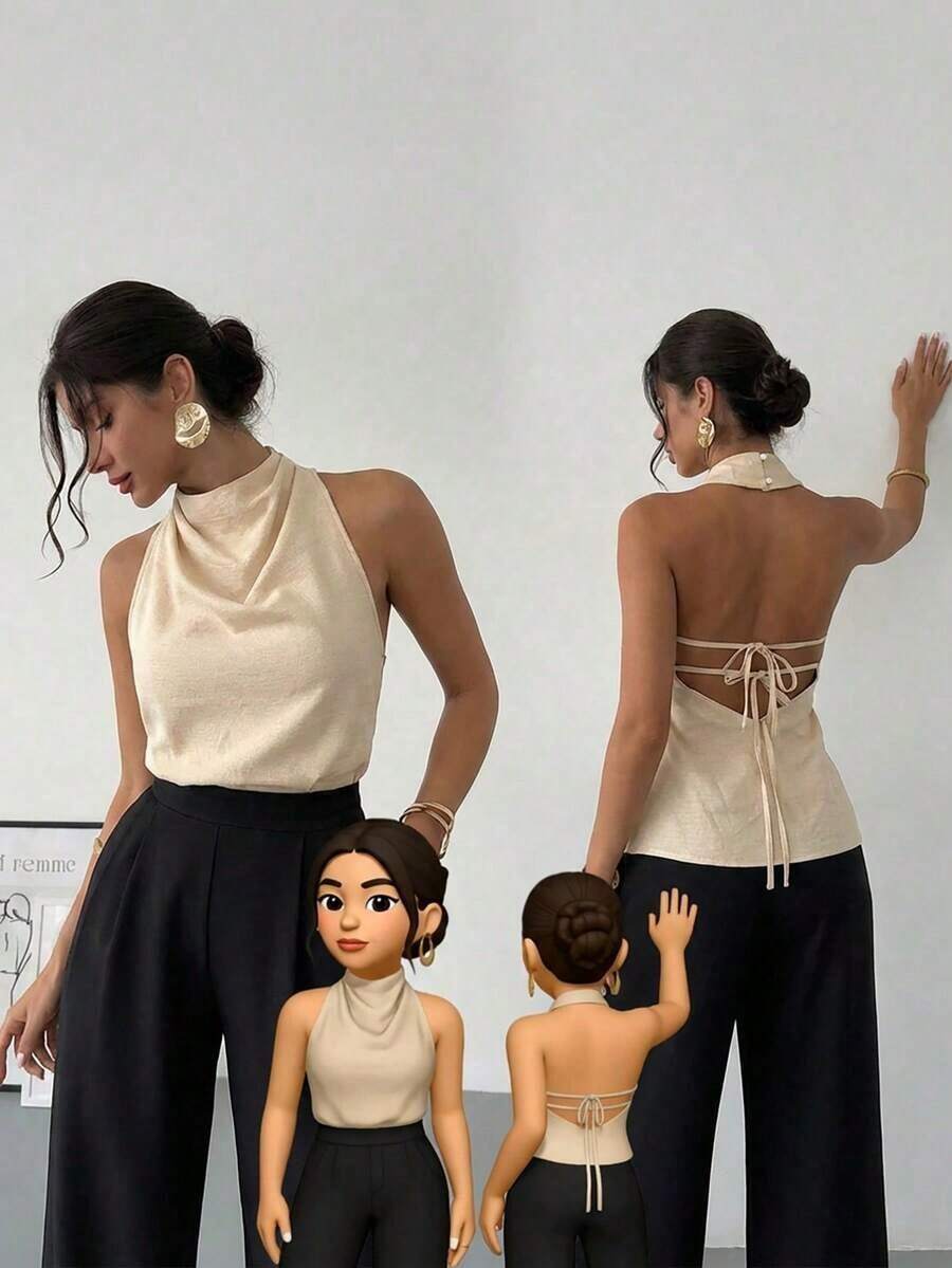 negra ajustada de estilo casual y elegante para la temporada de primavera/verano, con cuello asimétrico, sin mangas, escote halter, espalda descubierta y decoración de lazo - Caqui - Ver 1