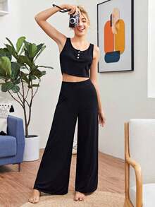 Pantalones holgados de pierna ancha de un solo color tipo palazzo, pantalones casuales de cintura alta y pierna ancha de viscosa negra suelta para mujeres, para uso profesional/de oficina/ropa de trabajo - Negro - Ver 8