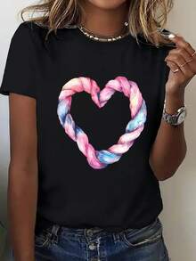 1 camiseta holgada de estilo bohemio para mujer de talla grande - estampado de corazones en degradado rosa y azul, cuello redondo, manga corta, estilo casual en degradado de rosa suave a azul, lavable a máquina, versátil para todas las estaciones, 180g 100% algodón. - Negro - Ver 7