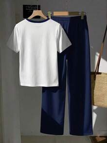 2 piezas Conjunto de top de manga corta con estampado floral bordado falso y rayas y pantalones a rayas, atuendo casual adecuado para el uso diario, citas, fiestas, otoño/invierno/verano, Navidad, Año Nuevo, Acción de Gracias, fiestas, bodas, - Multicolor 6 - Ver 2