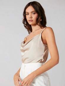 Top de satén sin mangas para mujer, elegante y romántica de unicolor, para uso casual y de negocios, adecuada para oficina, diario, otoño - Beis - Ver 5