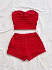 Conjunto de 2 piezas de top bandeau con textura y nudo delantero y shorts de unicolor para vacaciones de verano de mujer - Rojo - Ver 2