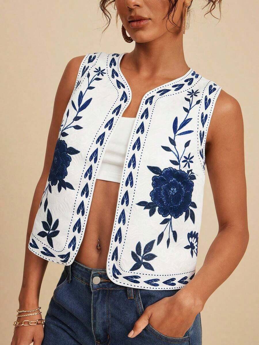 Chaleco ligero de mujer con bordado floral y de loro, chaleco bohemio, chaleco floral, estilo casual de mujer, atuendo para salir, atuendos elegantes, estilo campestre para mujer, atuendos casuales, chaleco elegante - Azul y blanco - Ver 1