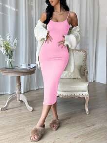 Vestido de espalda abierta de muslo con abertura - Rosa - Ver 4