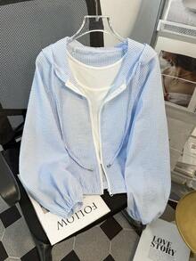Chaqueta con capucha ligera y casual con cremallera para protección solar, adecuada para primavera y verano - Azul - Ver 7