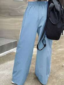 Pantalones casuales de pierna ancha con cordón en contraste y ribeteamionto - Azul - Ver 2