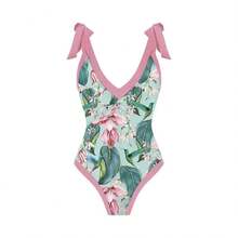 Women's One-Shoulder Ruffle Print One-Piece Swimsuit Set - Lace-up One-piece Swimsuit - View 4
