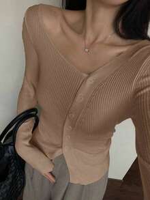 Blusa casual de mujer de punto acanalado con botones y manga corta - Dorado - Ver 4