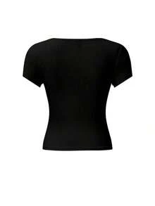 Set de 3 camisetas de mujer de manga corta con cuello en U, tops ajustados y cortos de color liso casual y de moda para el verano - Multicolor 6 - Ver 6