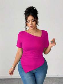 Camiseta de manga corta de cuello asimétrico para mujer talla grande, top ajustado versátil y elegante de alta gama, adecuado para primavera/verano - Rosa Fucsia - Ver 6