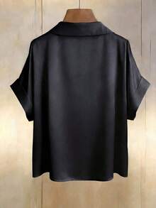 Blusa de satén color champán con escote en V y diseño de botones de perla, de manga corta, elegante para primavera/verano - Negro - Ver 5