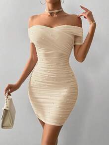 Vestido ajustado para mujer con hombros abiertos, manga corta y adornos con cuentas - Albaricoque - Ver 7