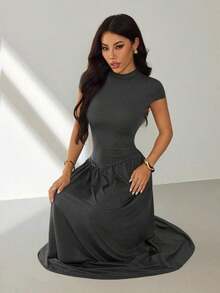 Vestido casual largo plisado de manga abullonada y cuello alto en unicolor para mujer, de verano - Gris - Ver 7