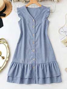 Vestido casual de color liso con mangas cortas para mujer, casual - Celeste - Ver 6