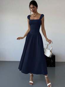 Vestido largo elegante con cuello cuadrado, mangas de campana y lazo en la cintura, con pliegues.Adecuado para citas, primavera/verano, vestidos de verano para mujeres - Azul marino - Ver 6