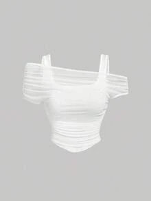 Top sin mangas para mujer con superposición de malla de unicolor, verde - Blanco - Ver 5