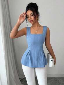 Camisa sin mangas elegante con cuello cuadrado, cintura atada y rayas para el verano 2025 - Azul - Ver 7