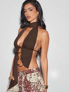 Top halter de malla con cuello alto, espalda abierta y recortes sexy, top sin espalda, atuendos de vacaciones para mujer, atuendos de verano para mujer, de moda, atuendos para ir de fiesta, tops sexy - Café integral - Ver 4