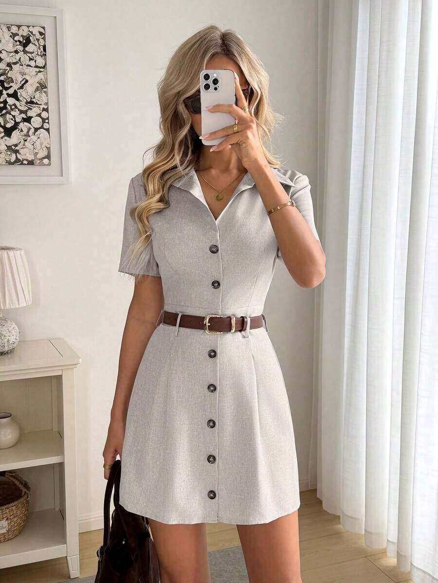 Vestido camisero de mujer de manga corta con rayas - Gris Claro - Ver 1