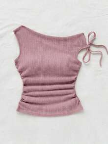 Blusa de punto con textura de burbujas de color albaricoque, con hombros asimétricos y cintura anudada, de corte ajustado, adecuada para fiesta, cita, paseo por la ciudad, viaje por carretera, playa de verano - Rosa - Ver 5