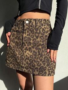 Falda vaquera casual con botones delanteros y bolsillos con estampado de leopardo - Marrón 5 - Ver 4