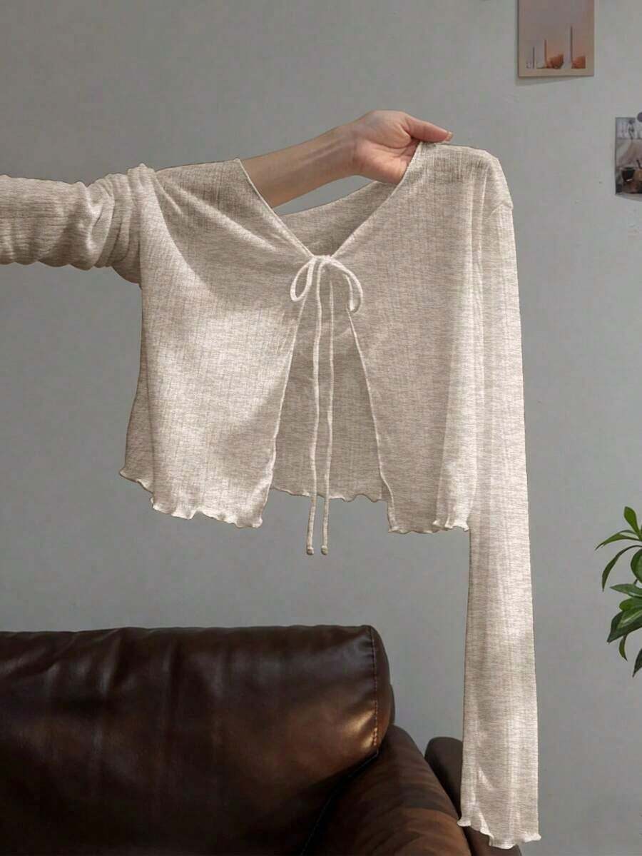 Vestido camisero con adorno de encaje, chaqueta de punto de manga larga para mujer, protección solar de verano - Marrón Mocha - Ver 1