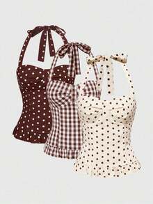 Avant Conjunto de camiseta sin espalda con cuello halter de estilo romántico de vacaciones con lunares y cuadros para mujer - Marrón Mocha - Ver 10