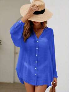 Holidaya Kimono unicolor con botón delantero - azul real - Ver 6