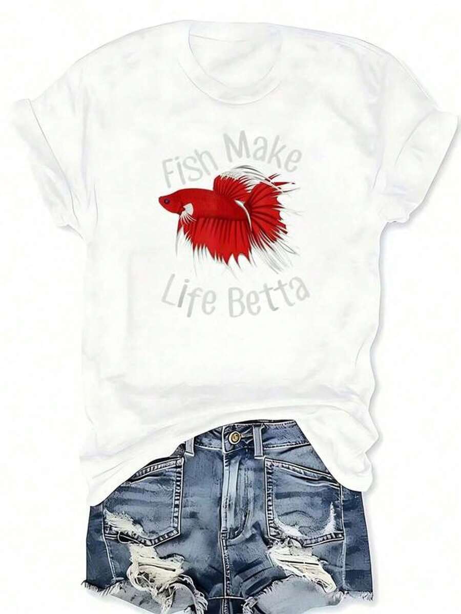 Camiseta de cuello redondo con estampado gr£fico de peces luores siameses de acuario tropical "Los peces hacen que la vida sea interesante", camiseta casual de manga cortarrimavera y verano, ropa de mujer talla grande