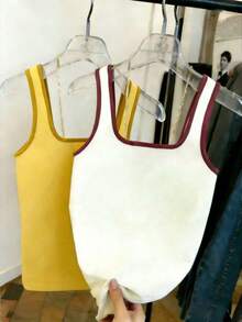 Mejor vendido top de mujer ajustado de cuello redondo con contraste de color - Multicolor 2 - Ver 2