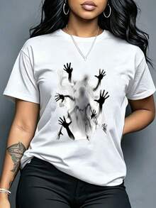 Camiseta de manga corta de verano casual con estampado gráfico de silueta de manos de fa espeluznante, gótico y de Halloween - Blanco - Ver 2