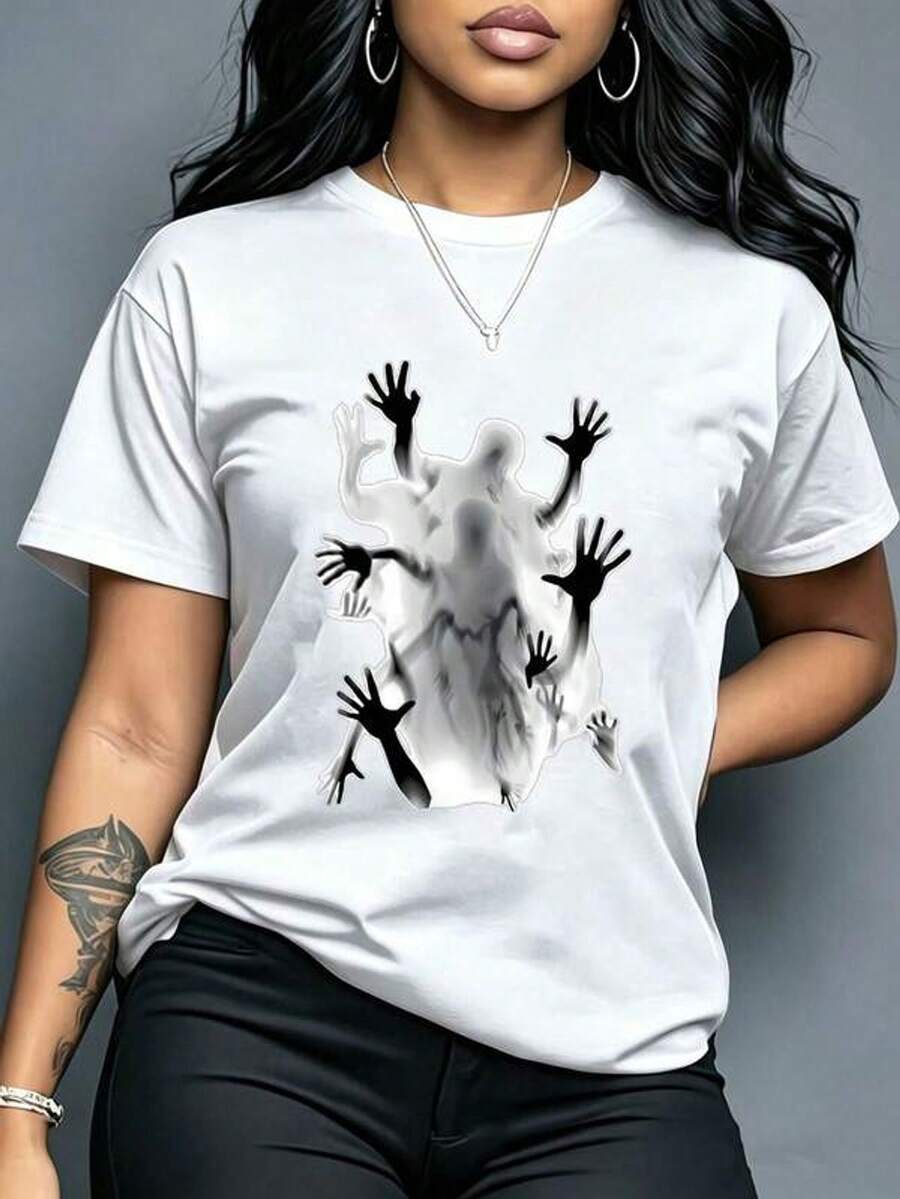 Camiseta de manga corta de verano casual con estampado gráfico de silueta de manos de fa espeluznante, gótico y de Halloween