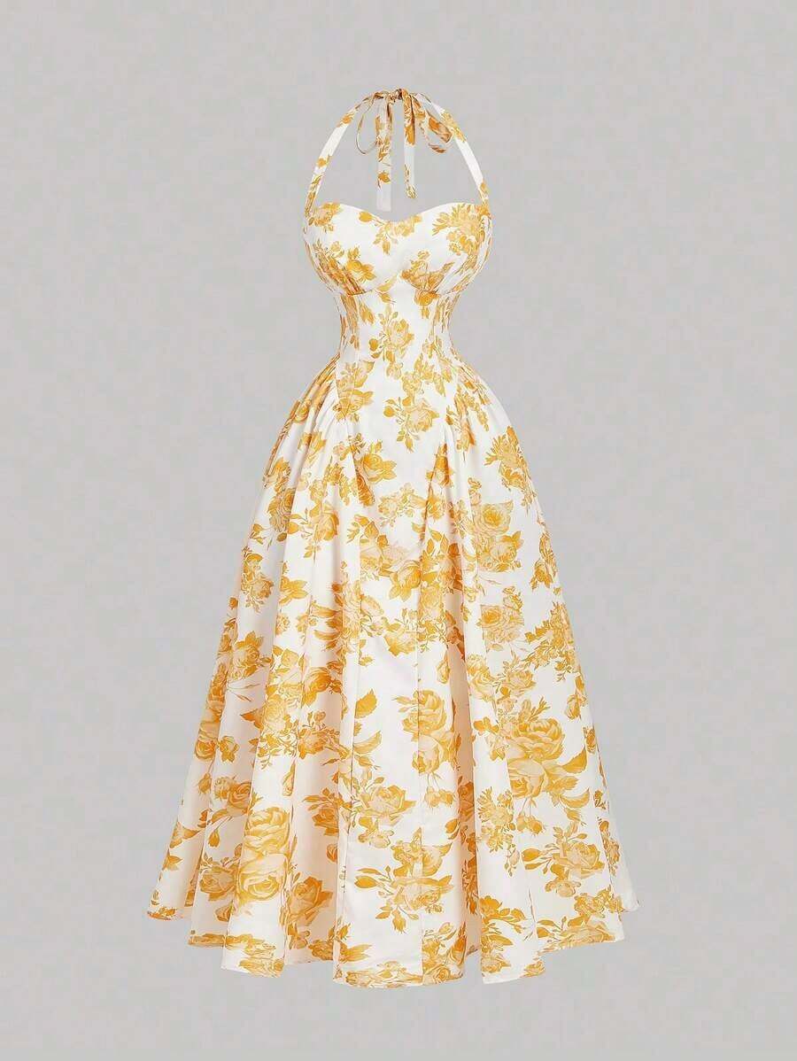 Vestido largo con estampado floral romántico con escote de cuello alto, para el Día de San Valentín, vestido de primavera, atuendo para brunch, atuendo para fiesta del té, atuendo para vacaciones en la playa, vestido floral para mujer, vestido v - Amarillo - Ver 1