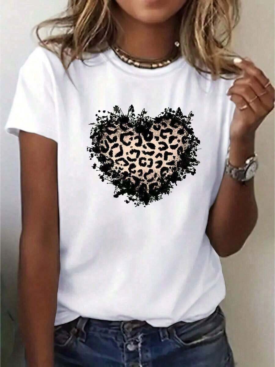 Camisetas De Calor Para MujerCamiseta De AlgodóN 100% Con CorazóN De Leopardo Desgastado, Top Casual Con Estampado Animal Grunge Para Mujer Ropa De Mujer - Blanco - Ver 1