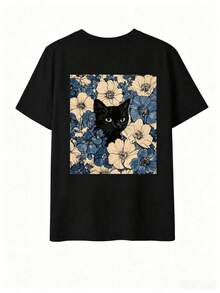 Single Garment Set, Not A 3-Piece Set, 1 Piece/Set Of Short-Sleeved T-Shirts Suitable For Streetwear, Oversized Round Neck Top For Daily Outings, Camping, Concerts, Hip-Hop, Rock, And Rap Events. Short-Sleeved Round Neck T-Shirts With Minimalist Graphic Prints Of Heart, Cat, And Van Gogh, Versatile And Fashionable Casual Tops For Women - 黑色 - 查看 2