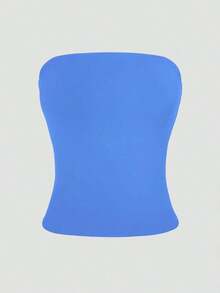 Camiseta sin tirantes sexy básica, top tubo ajustado de unicolor y elástico a la moda, adecuado para mujeres en todas las estaciones, casual negro de verano - Azul brillante - Ver 5