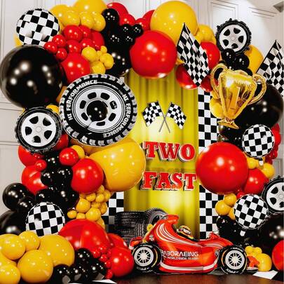 103-Piece Racing-Themed Balloon Arch And Wreath Set, Plus Trophy-Shaped Foil Balloons In Red, Black, And Yellow, Suitable For Decorating Racing-Themed And Car-Themed Birthday Parties.