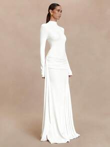 Vestido otoño-invierno cuello alto manga larga con cintas plisado ajustado estilo elegante moda europea para mujer - Blanco - Ver 4