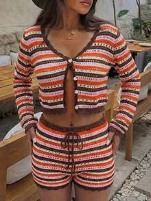 2 piezas Conjunto de top corto y shorts de mujer para verano con bloques de color, rayas y diseño calado. Estilo de vacaciones en la playa, top corto elegante y conjunto de shorts ligeros adecuado para primavera/verano, fiesta en la playa, vacaciones, estilo bohemio, sexy - Multicolor 3 - Ver 5