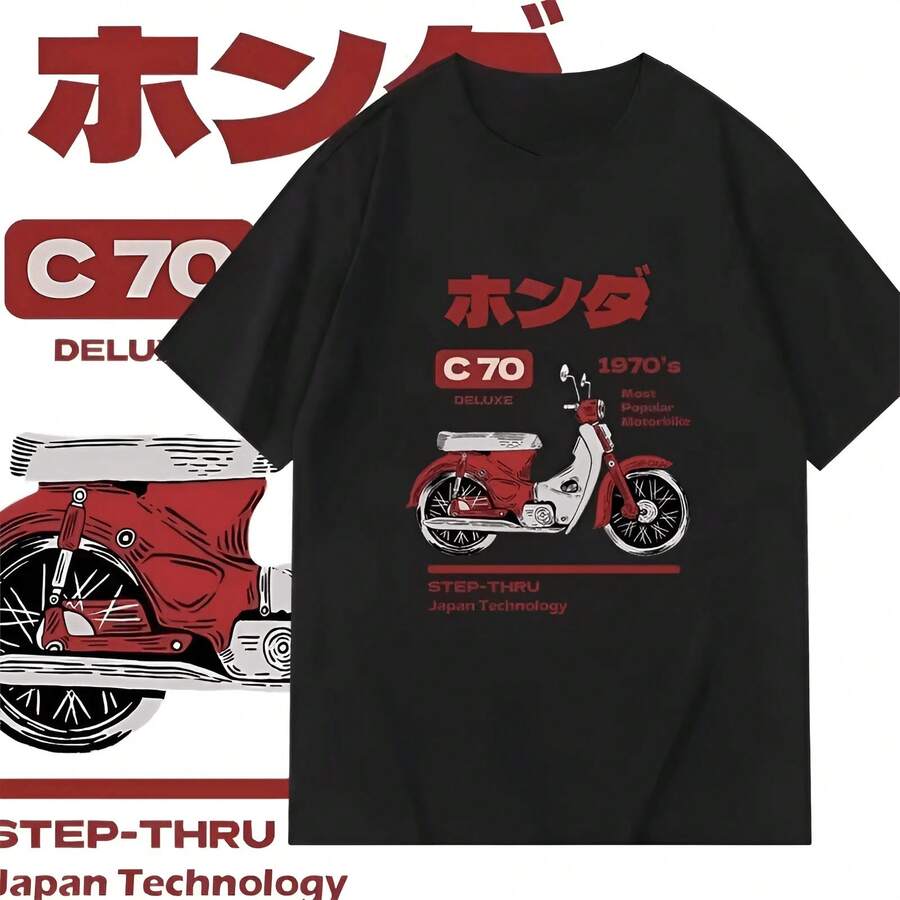 T-shirt Grafiche Uomo Collezione Estiva Vintage con Stampa Motociclista e Scooter, Abbigliamento da Lavoro di Alta Qualità, Manica Corta in Cotone, Vestibilità Ampia per Giovani, P - nero - Visualizzare 1