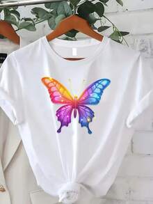 Classic Plus Size - Women's Plus Size T-Shirt With A  Rainbow Butterfly Design, Perfect For Casual Summer Wear. This Short-Sleeved, Crew-Neck Tee Is Ideal For Both Summer And Fall, Making It A Great Thanksgiving Gift Choice. Best Seller - 白色 - 查看 7